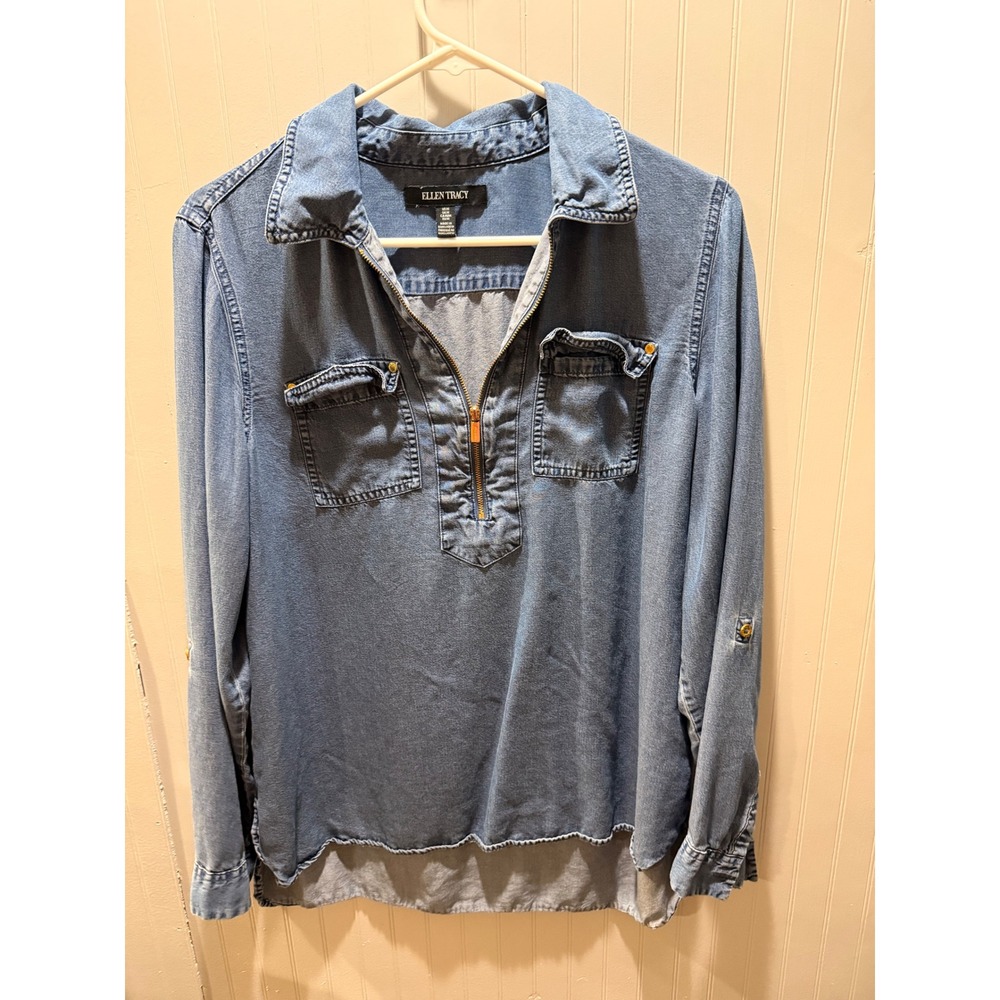 Ellen Tracy Womens Medium Wash Chambray Denim Quarter Zip Tunic Top Size M